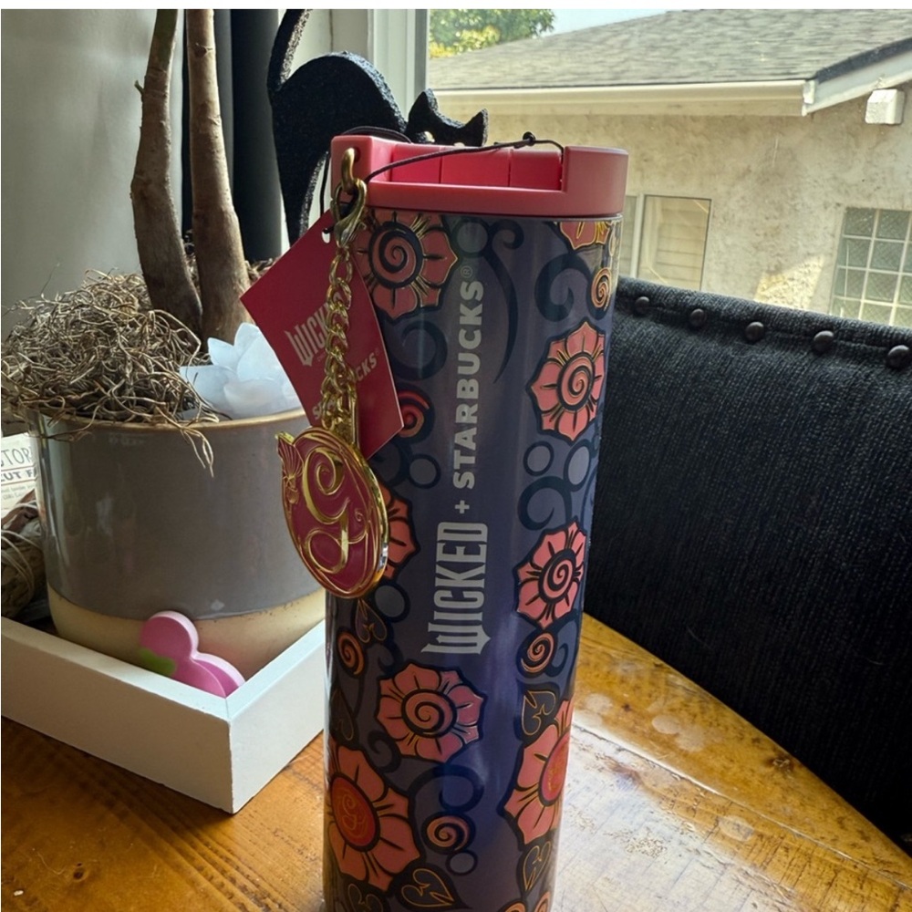 NWT Starbucks WICKED Floral Tumbler with Pink and Gold Accents G Charm